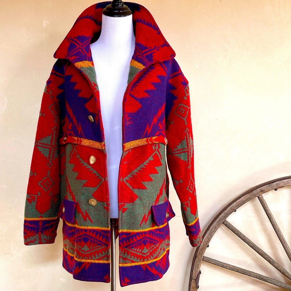 RALPH LAUREN COUNTRY Vtg 80s Colorful Wool Indian Blanket Coat Womans M USA RARE